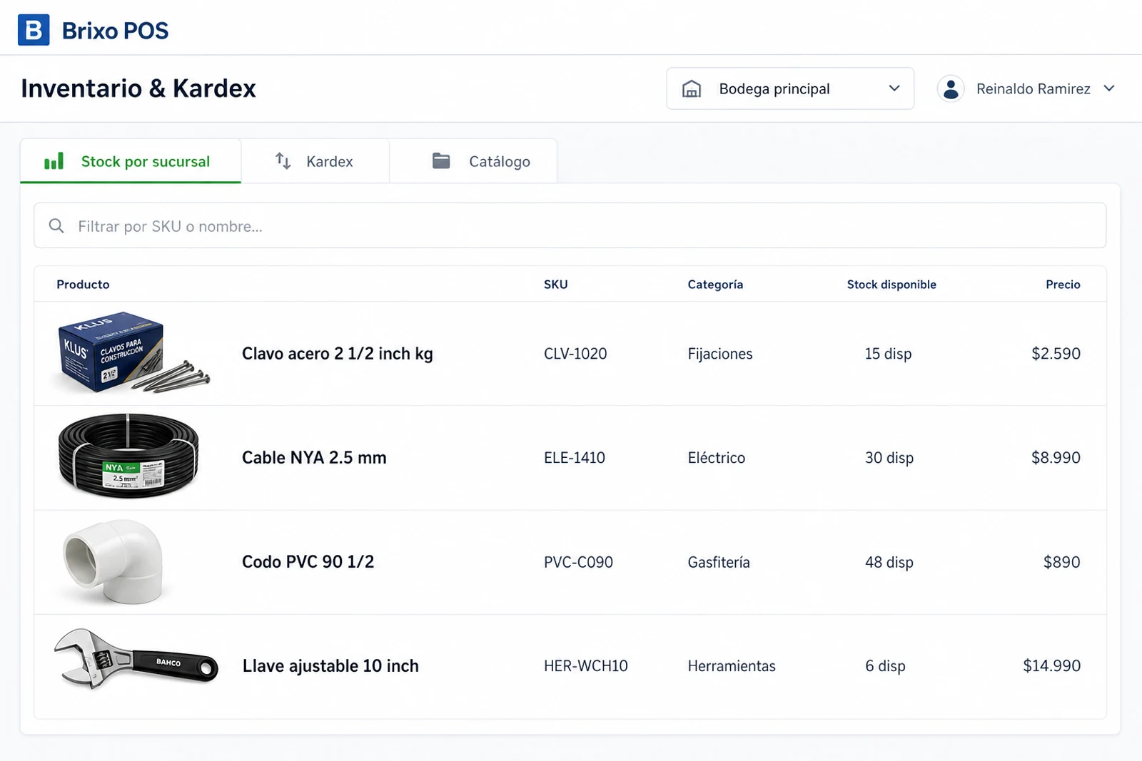 Kardex de inventario con fotos de productos
